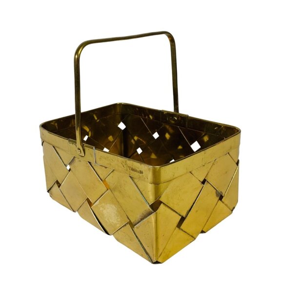 Brass Basket Woven Handle Boho Style Trinket Dish Rectangle Catchall Eclectic - Picture 5 of 14